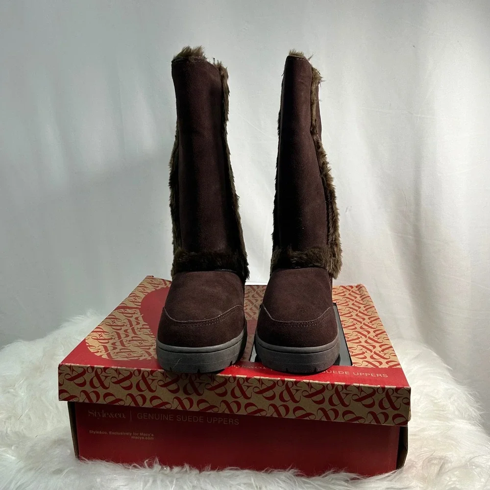 Style & Co Womens‎ Brown Suede Faux Fur Lined Tall Boots Size 8M